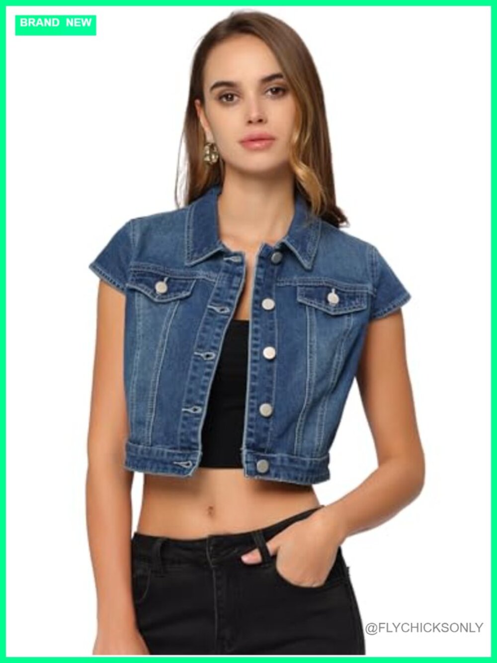 Cropped Denim Jacket Cap Sleeve Button Down Summer Jean Top